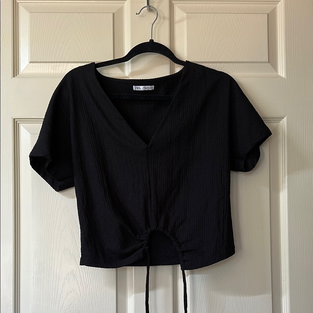 Zara Black V-Neck Drawstring Top
